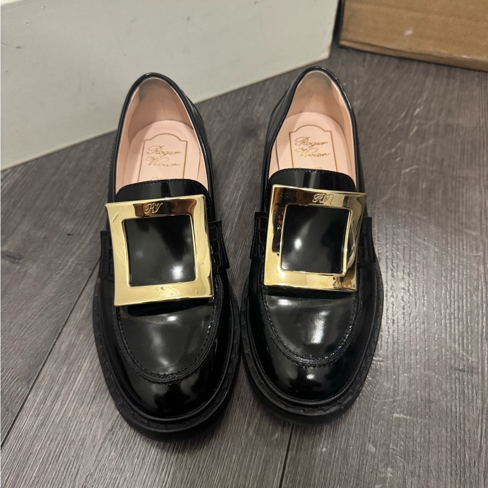 Roger Vivier Black Loafers with Gold Buckle